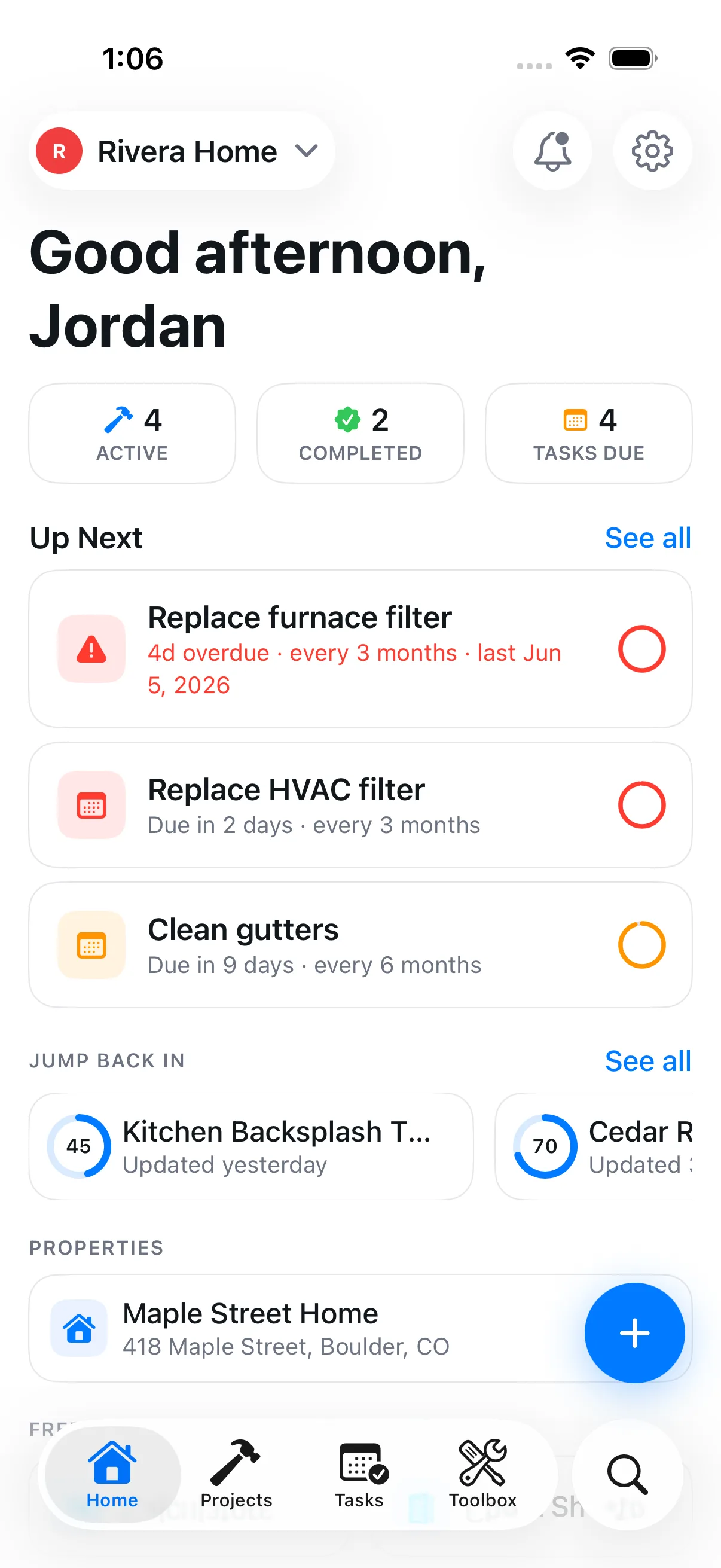 Blueprint home dashboard on iPhone, showing active projects and upcoming maintenance