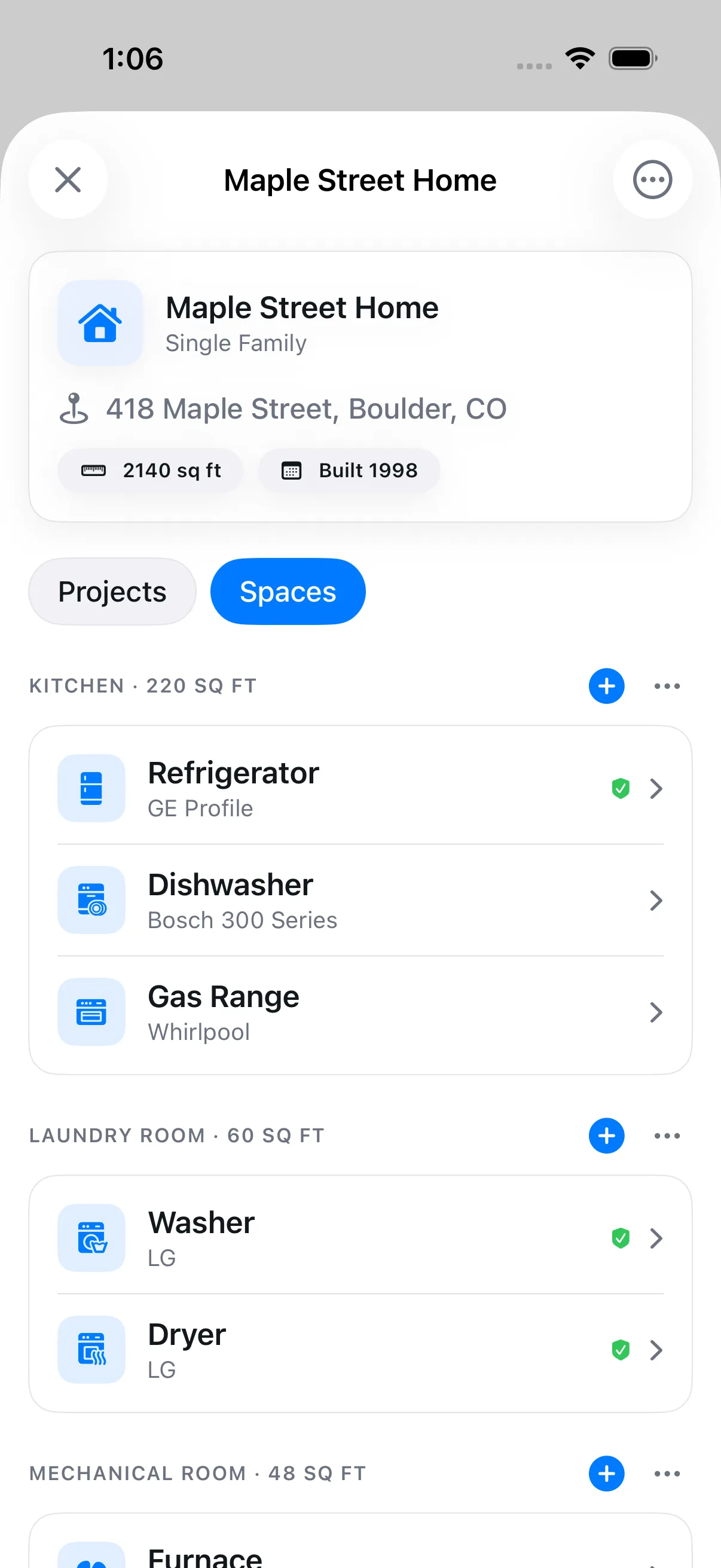 Property record with rooms and appliances in the Blueprint iOS app