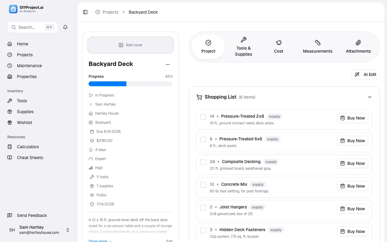 An AI-generated project plan in Blueprint with steps, materials, and cost estimate