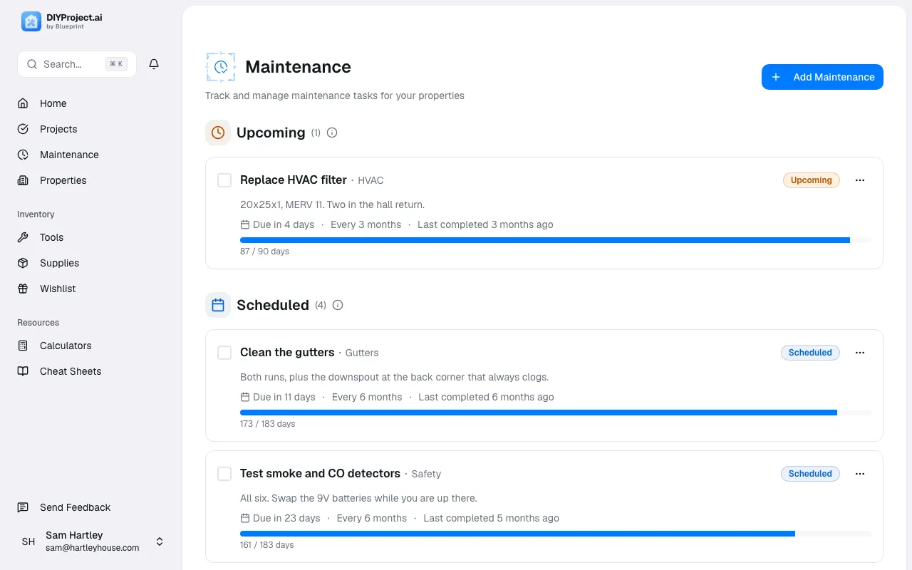 Blueprint maintenance schedule with recurring tasks and due dates
